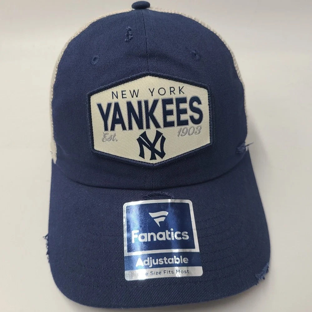 New York Yankees Hat Snapback Trucker Mesh Fanatics Blue‎ Beige MLB Distressed